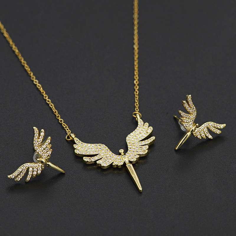 joyas árabes marroquí conjuntos bimba y lola bolsos joyas de Conjunto de collar y pendientes de acero inoxidable con alas de Ángel Micro adornadas, colgante clásico, cadena de clavícula de noche, a la y Linda: Color dorado