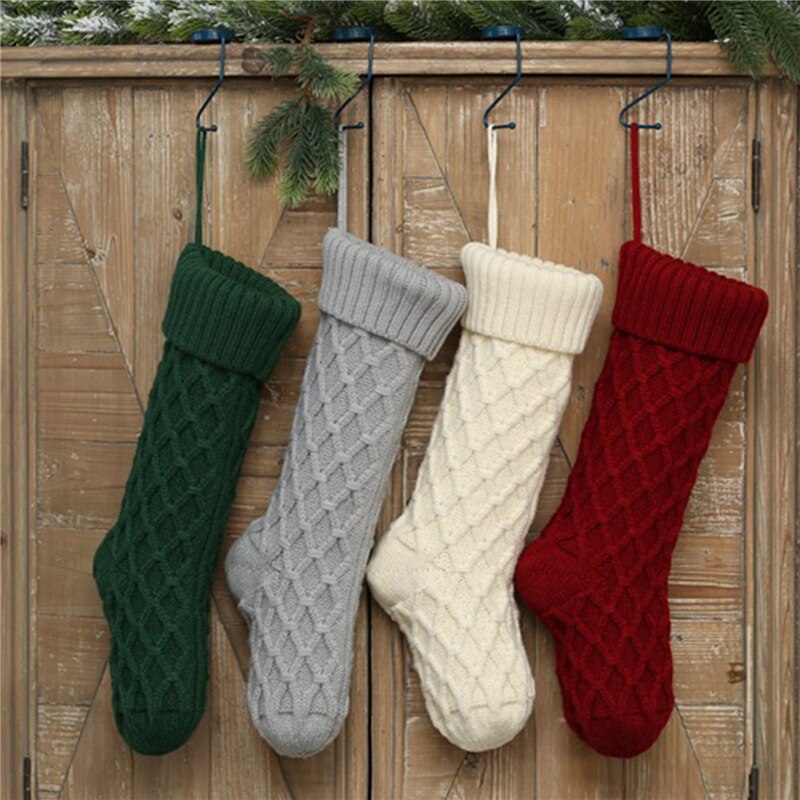 Red White Christmas Sock Christmas Knitted Stockings Decor Festival Bag Fireplace Xmas Tree Hanging Ornaments Decor