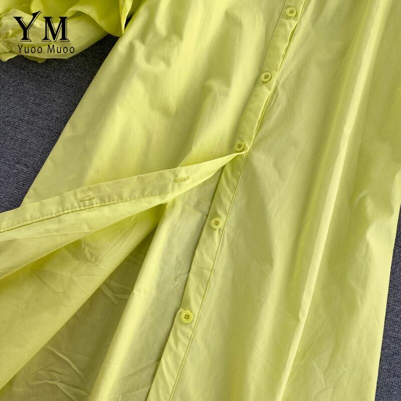 YuooMuoo-vestido verde con volantes de manga larga para otoño, Vestido camisero con una hilera de botones para mujer