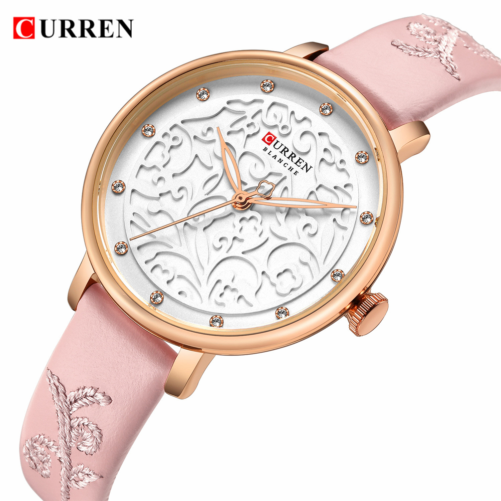 Top CURREN Vrouwen Horloges Roze Lederen Horloge met Strass Dames Klok Mode Luxe Quartz Horloge Relogio Feminino