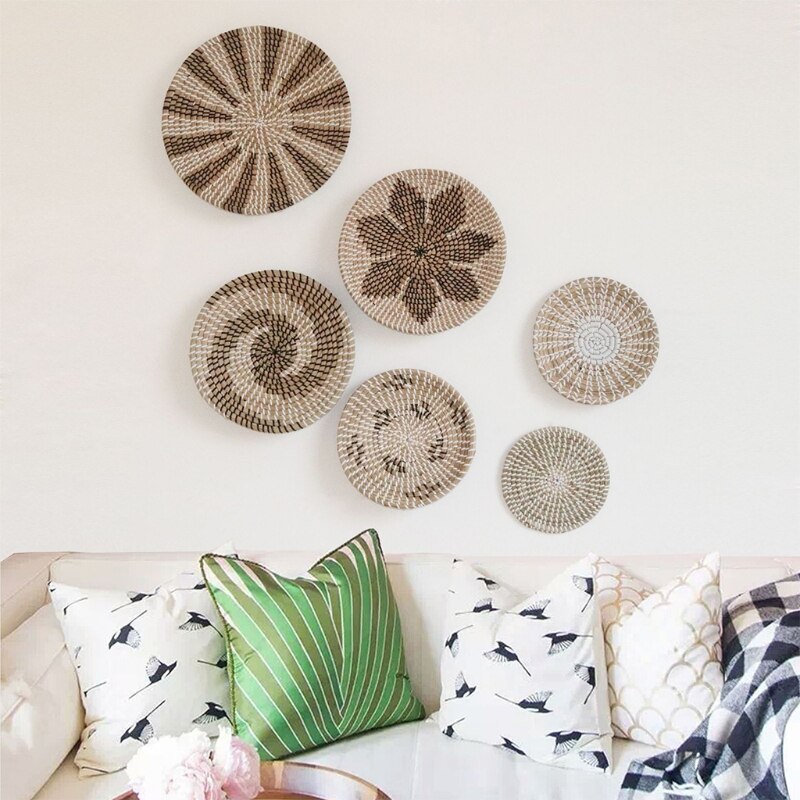 6pcs Handmade Hanging Wall Basket Boho Woven Seagrass Hanging Decorative Tray