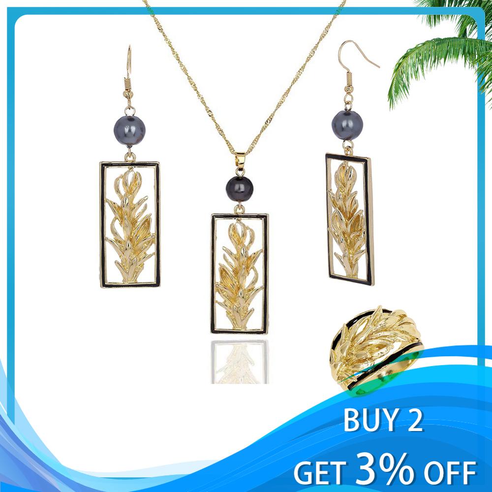 Hawaiian Gold Jewelry Pearl Set Trendy Plant Earrings Polynesian Rings Chian Necklaces Sets for Women Party