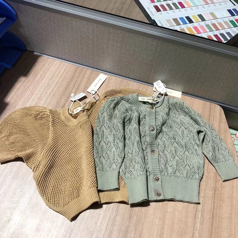 8071 børn tøj pige cardigan sommer farve jacquard aircondition frakke børn strik cardigan baby hul top