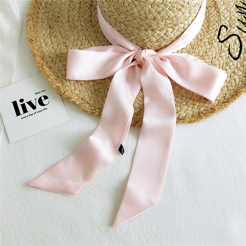 Solid Color Small Neckerchiefs Women Long Ribbon Hairband Satin Silk Scarf Lady Belt Tie Handbag Ribbons Hair Scarves: light pink