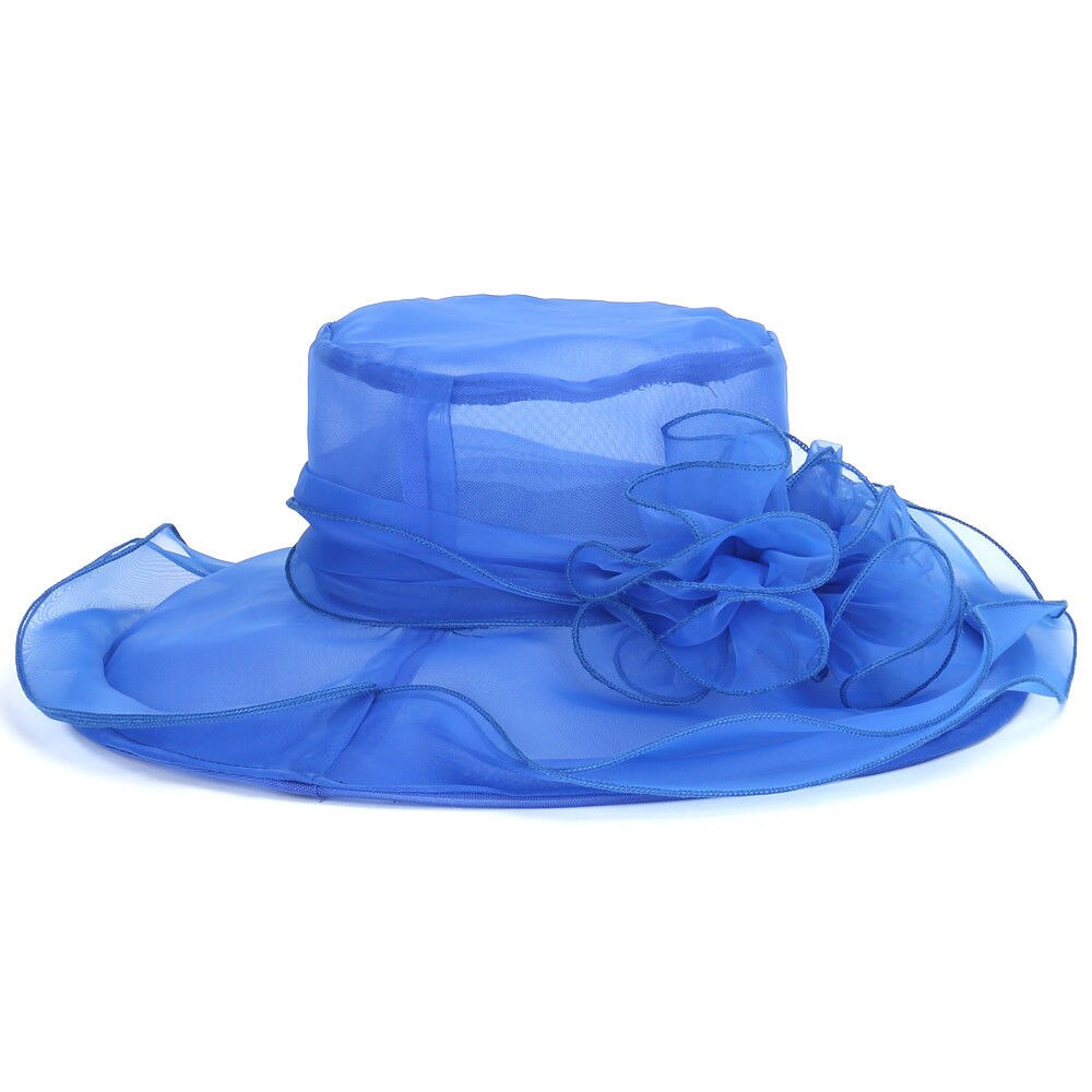 Kvinner vidkant kentucky derby solhatt bryllup teselskap kirke organza hatter lilla gull rød blå rosa