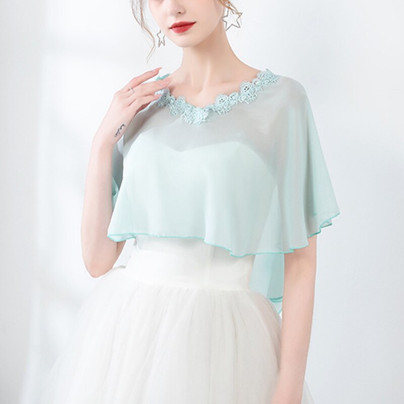Cape en mousseline de soie pour femmes, châle doux et léger pour mariée, col rond, longue tenue de soirée: Mint Green