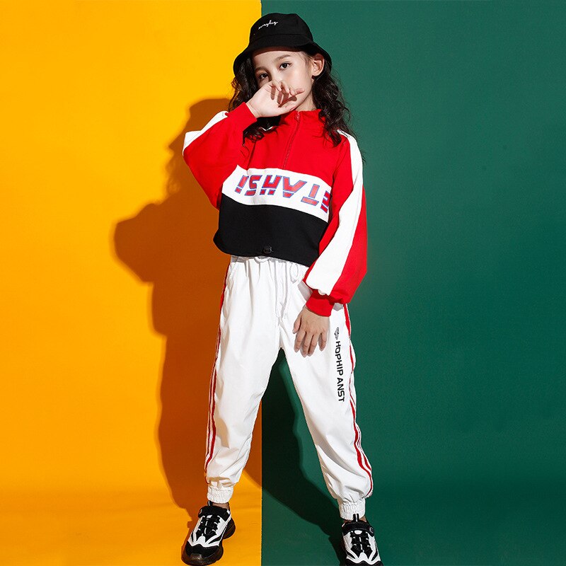 Meisjes Hip Hop Dance Kostuums rode Jas Witte Broek Straat Podium Kleding Kind Dans Jazz Outfits Prestaties Slijtage Koreaanse