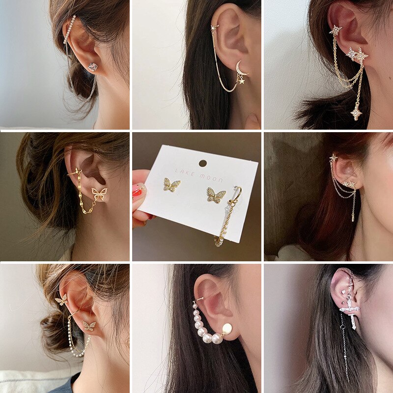 Asymmetrische Lange Kwast Ketting Manchet Oorbellen Voor Vrouwen Meisjes Vlinder Oor Botten Clip Oorhaak Oorbellen Sieraden Party