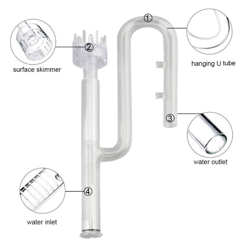 Glas transparent rørindstrømning med overfladeskimmer til planter akvariumbeholderfilter tilstrømning glasrør ydre