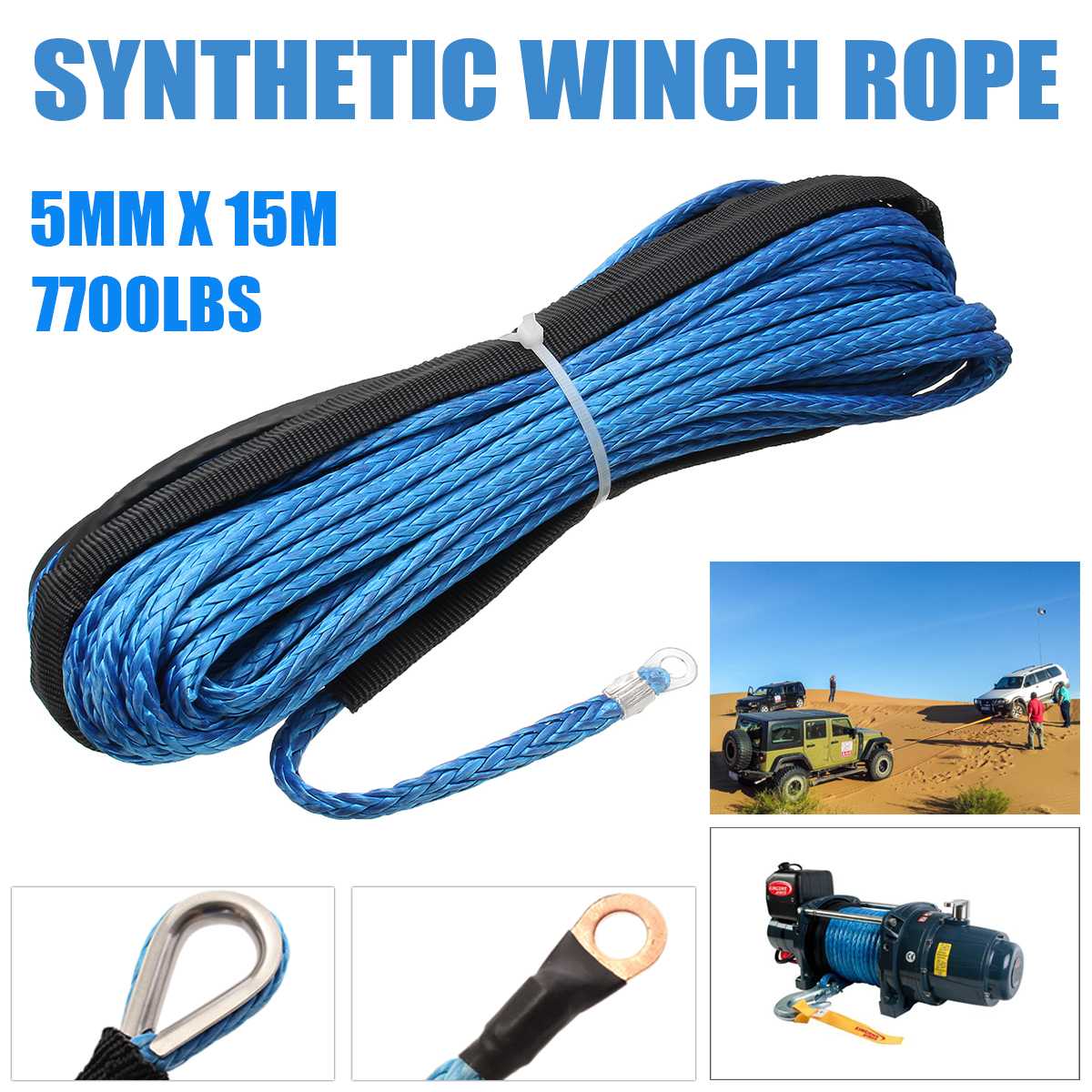 15m 7700LBs Winch Rope String Line Cable Synthetic Towing Rope Winch Car Wash Maintenance String for Universal Fits Car SUV ATV