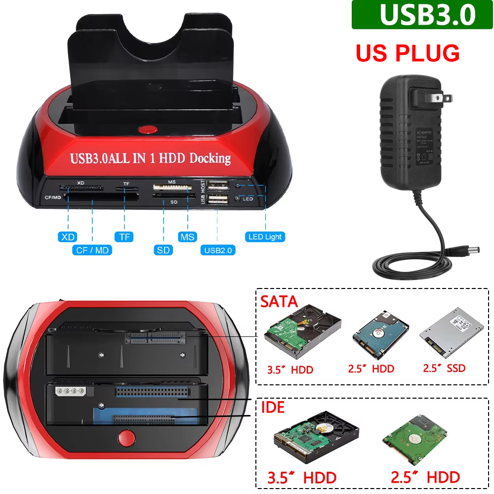 10 IN 1 Dual-bay harde schijf USB3.0 5Gbps HDD-dockingstation met 12V 3A voedingsadapter voor 2,5/3,5 inch HDD/SSD TF-kaart: Zilver