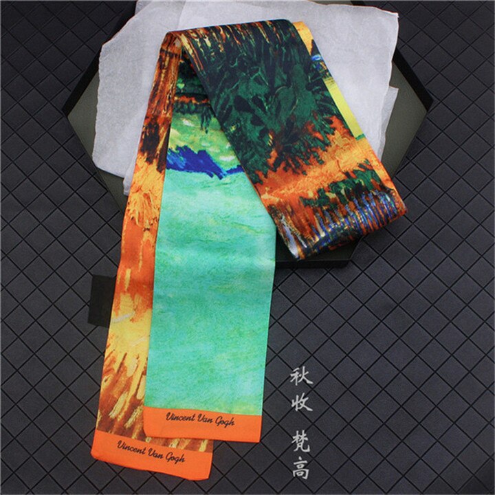 Van Gogh《Starry Night》Oil Painting Twill Silk Scarf Women Neckerchief Skinny Bag Scarf Female Headband Scarves Wraps For Ladies: 6