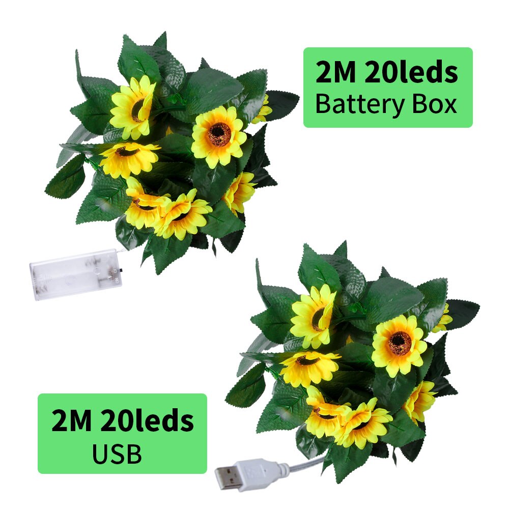 2m 20 ledet solsikke vinstrenglys usb/batteri strøm fe lys grønt blad krans bryllup valentinsdag juledekor