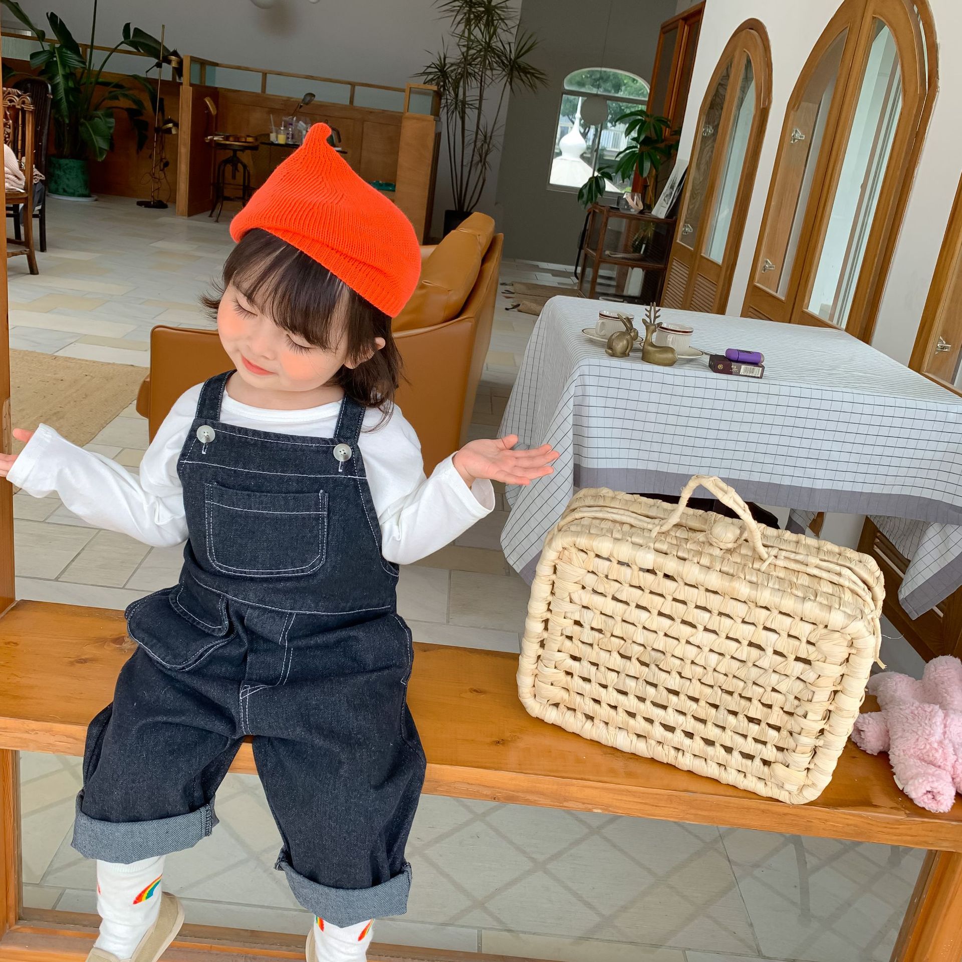 Jongens Meisjes Koreaanse Stijl Losse Denim Cargo Overalls 2 Kleuren Oversized Diepe Hak Pocket Bib Broek