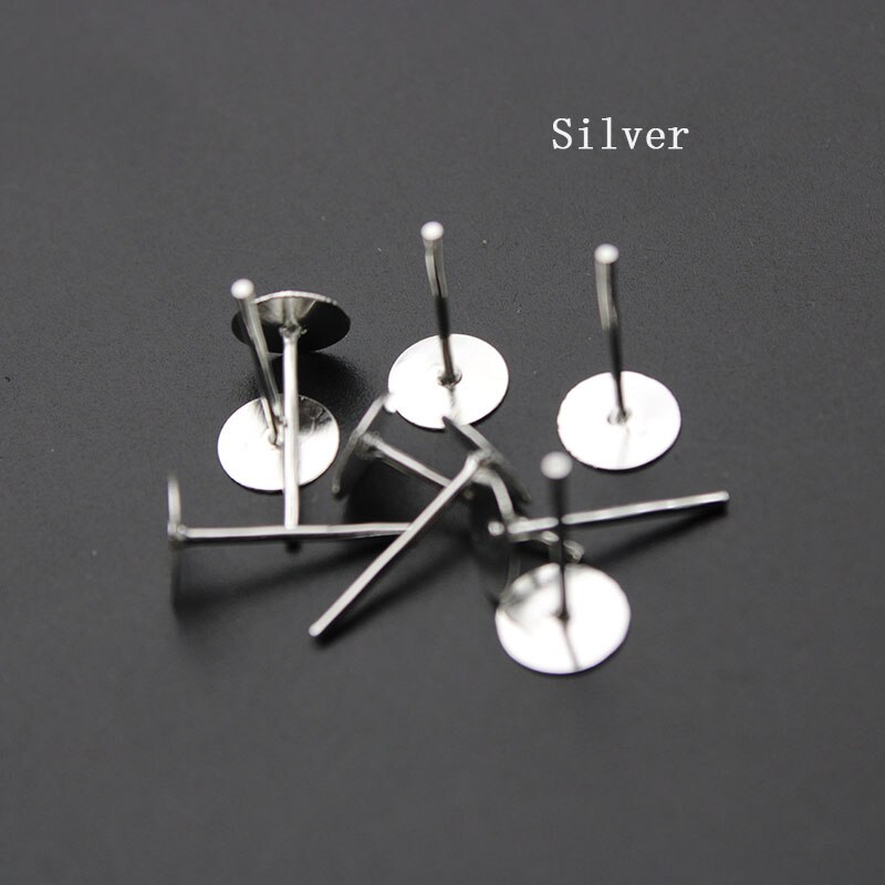 Lot de broches de boucle d'oreille vide, plaqué or argent, 4, 6, 8, 10mm, plateau rond plat, pour étude de bijoux à faire soi-même, 200 pièces/lot: silver / 8mm