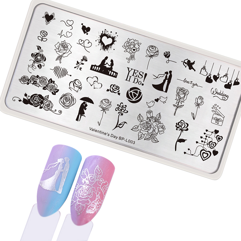 GEBOREN PRETTY Nail Stempelen Plaat Rechthoek Liefde Bruiloft Stempelen voor Nagels DIY Image Plate BP-L003