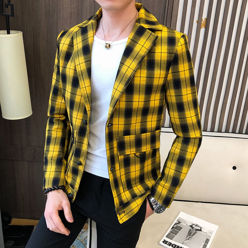 Röd gul rutig retro kavaj hombre för män vintage kostym jacka ledig bröllopsrock affärsman kavaj väst kostym homme: Gul / Koreanska xxxl