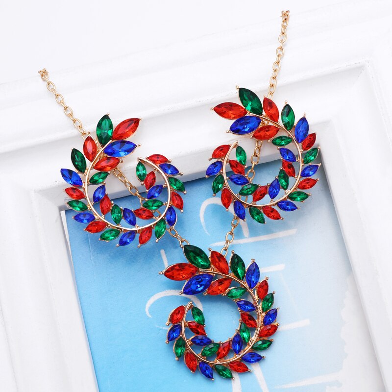 Wedding Jewelry Sets Green Rhinestone Crystal Necklaces For Women Gold Color Round Circle Stud Earrings: 50