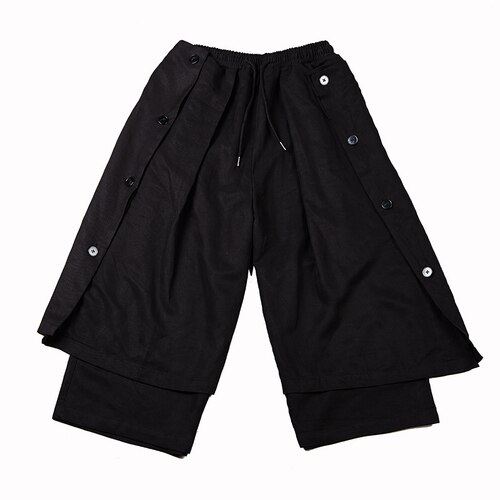 Hombres Japón Streetwear ropa de dos estilos suelta Casual pantalones de pierna ancha falda Pantalones Hombre Hip Hop Punk gótico Harem Kimono pantalones: L