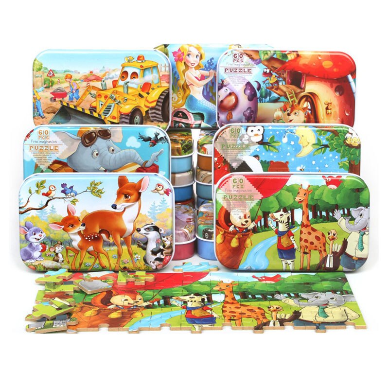 60 houten puzzels, cognitief educatief speelgoed voor kinderen met opbergruimte, blikken doos, kinderen, bezig met bord, houten speelgoed, kerstspelletjes