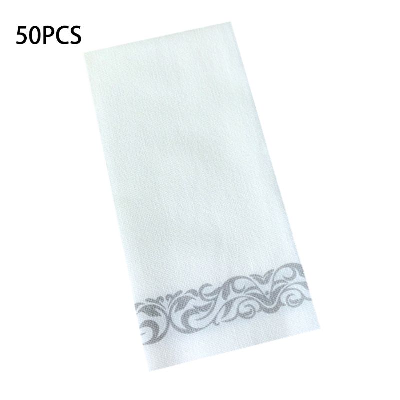 Disposable Linen-Feel Guest Towels - Decorative White Hand Towels, Silver Floral Cloth-Like Paper Napkins