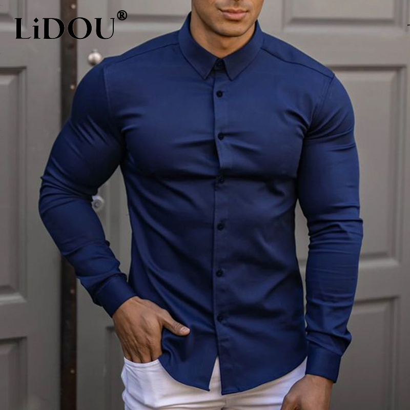 Spring Autumn Super Slim Fit Plain Bussiness Long Sleeve Men's Shirts Anti-wrinkle Muscle Polo Neck Solid Business Blouses Homme: XXL / Blue