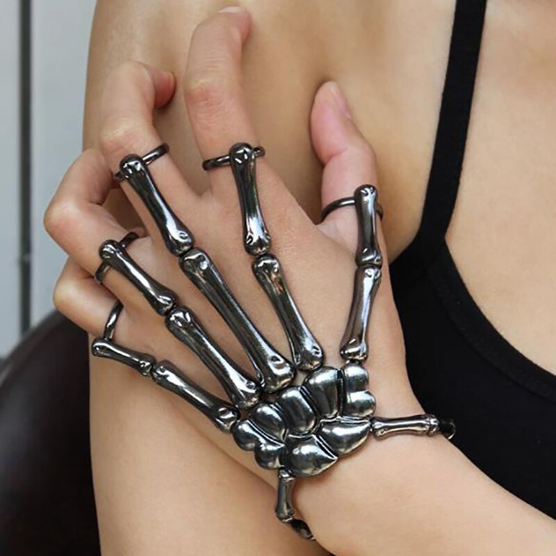 Pulsera de aleación con esqueleto de calavera gótica para mujer, brazalete elástico ajustable para Cosplay, accesorios para de Halloween