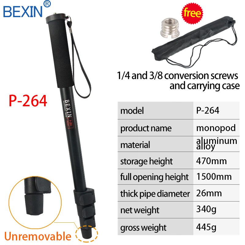 BEXIN portable lightweight 47cm monopod aluminum camera stand P-264 witn phone clip for dslr camera Video: p-264