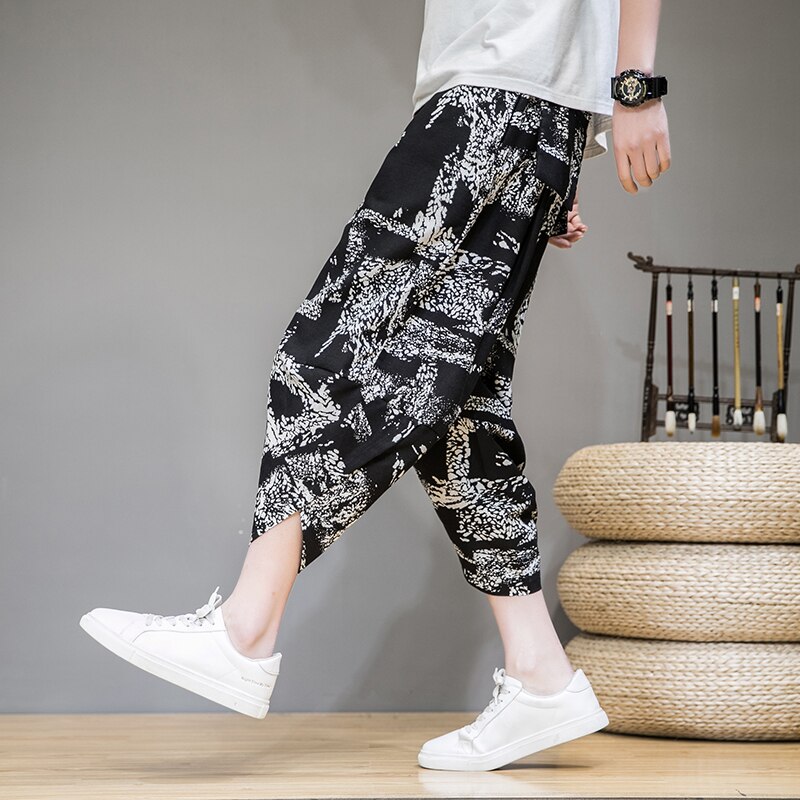 Homme pantalon hommes Large entrejambe sarouel ample grand pantacourt Large jambes Bloomers Style coréen imprimé Baggy Streetwear