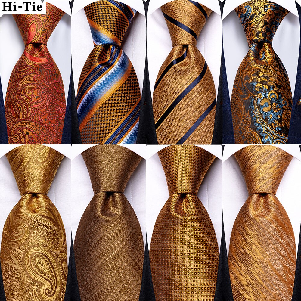 Hi-Tie-corbata de seda a rayas para hombre, corbata de boda a rayas de color naranja o dorado, pañuelo, para de negocios