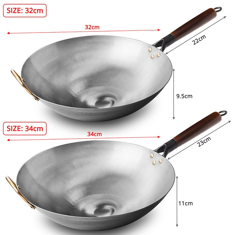 Sartén de Wok de hierro fundido, Wok tradicional chino antiadherente con asas de madera resistentes al calor, ollas de cocina de Gas, utensilios de cocina