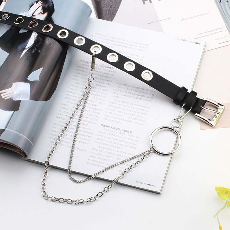 Holle punk jurk jeans riem met ketting pu leer verstelbare zwarte ring riem rij gat oogje vrouwelijke decoratieve taille riemen