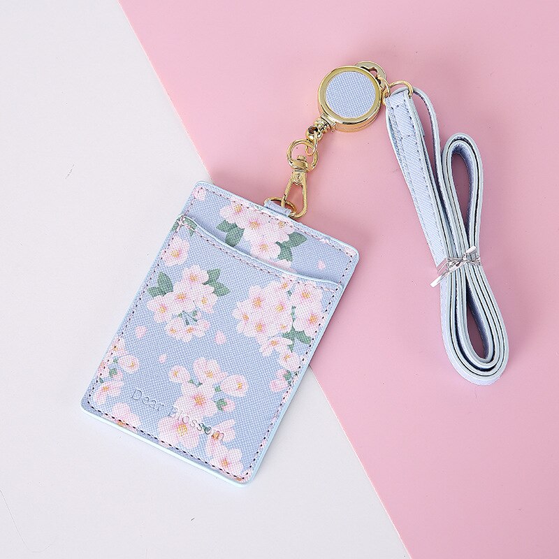 Blommor lädermärke hållare nyckelband id-kort märke namnmärke klipp rullar kontorstillbehör kawaii söt brytningsband
