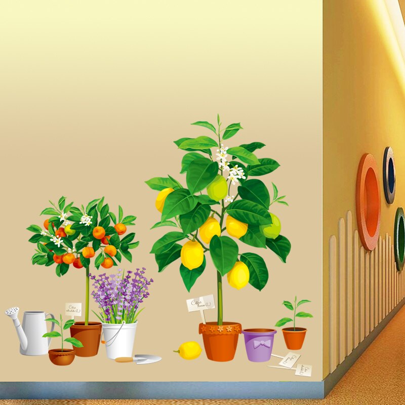 Large 3D Potted Plant Wall Stickers Lemon Orange Tree Lavender Decals Kitchen Corridor Living Room Decor Mural Vinyl Baseboard