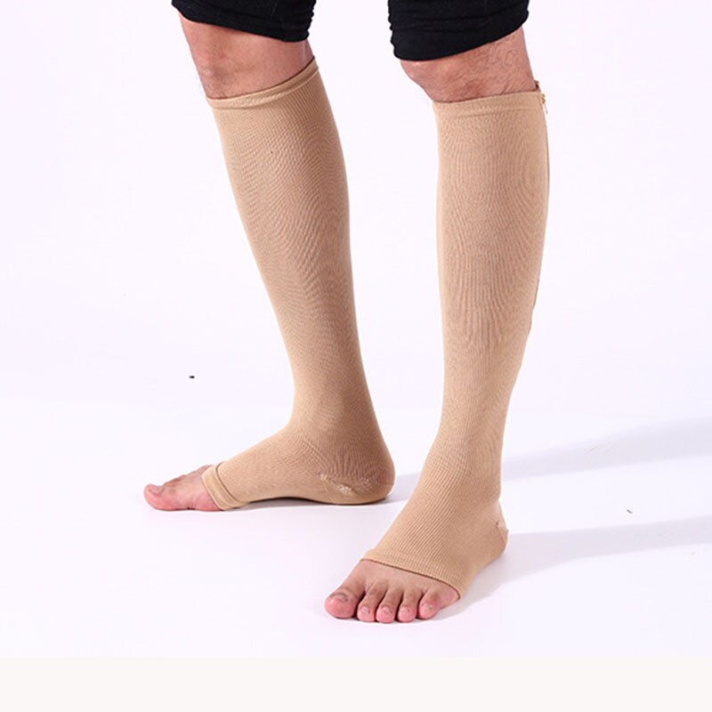 Women Zipper Compression Socks Zip Leg Support Knee Sox Open Toe Sock S/M/XL: Skin  L XL
