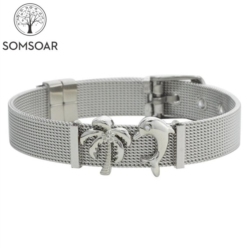 Dropshipping somsoar jóias silvering malha de aço inoxidável encantos pulseira praia menina malha braçadeira pulseiras como praia vento