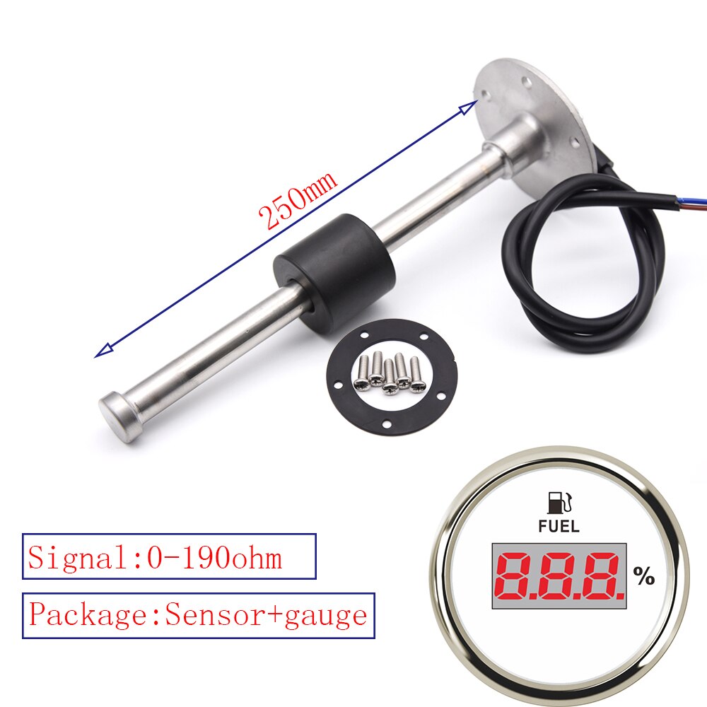 0-190Ohm Oil Tank Level Indicator Meter with Fuel Level Sensor 150MM 200MM 250MM 450MM for Digital 52MM Gauge Fuel Level Gauge: 250MM WS
