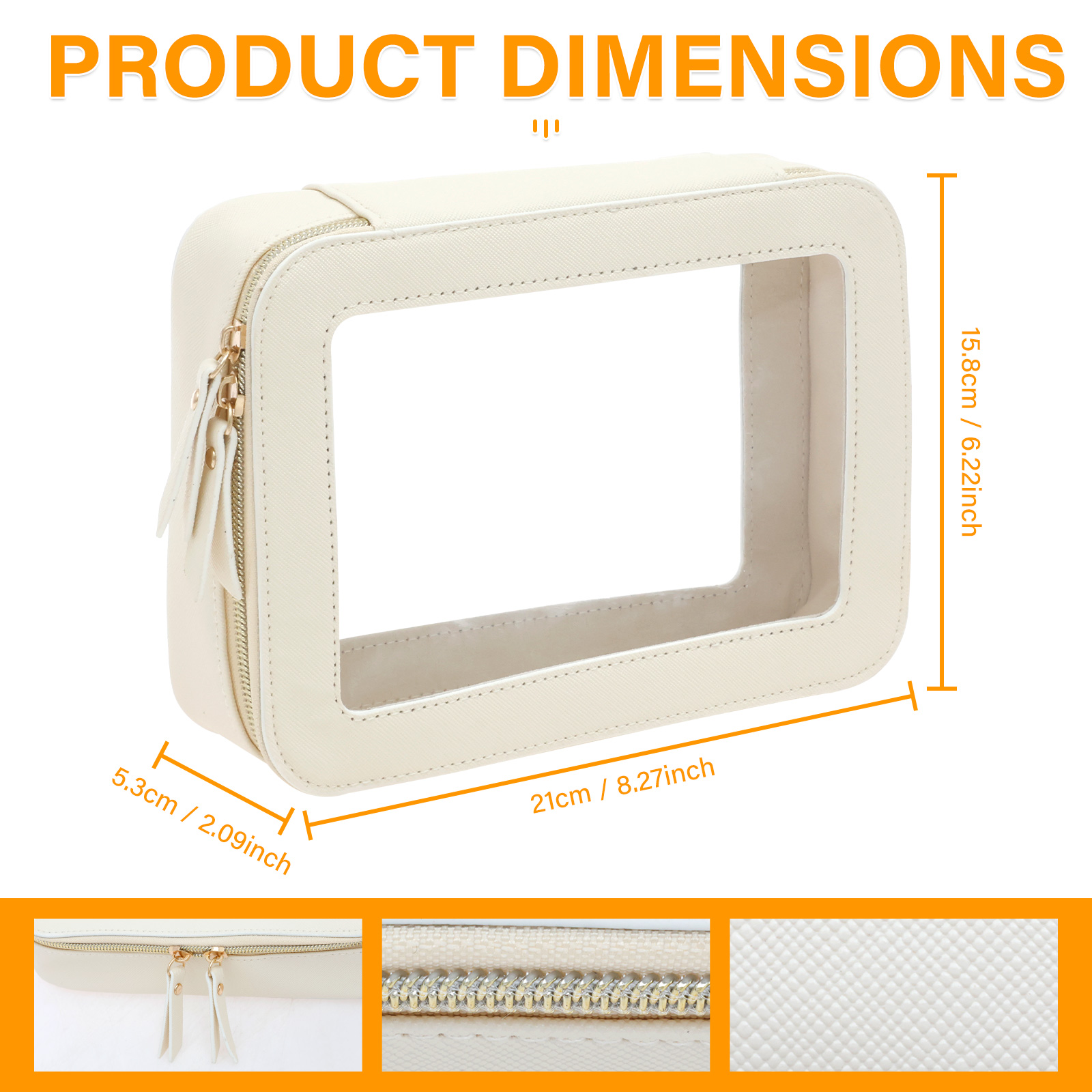 Bolsa de cosméticos pequeña, bolsa de maquillaje transparente de PVC con cremallera, bolsa de aseo impermeable de viaje, organizador de artículos cuadrado multifuncional para mujer: Beige