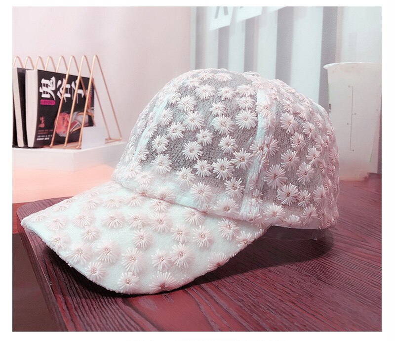 Uspop Baseball Caps Zomer Ademende Cap Geborduurde Bloemen Cap Ins Chrysant Kant Ademend Baseball Cap: Roze