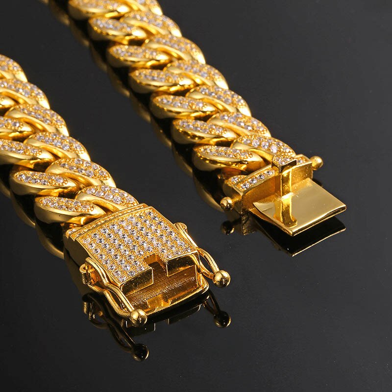 Coola kvinnor herr trottoar cubansk länk armband koppar lab bling iced out hel cz spänne guldkedja silverpläterade armband