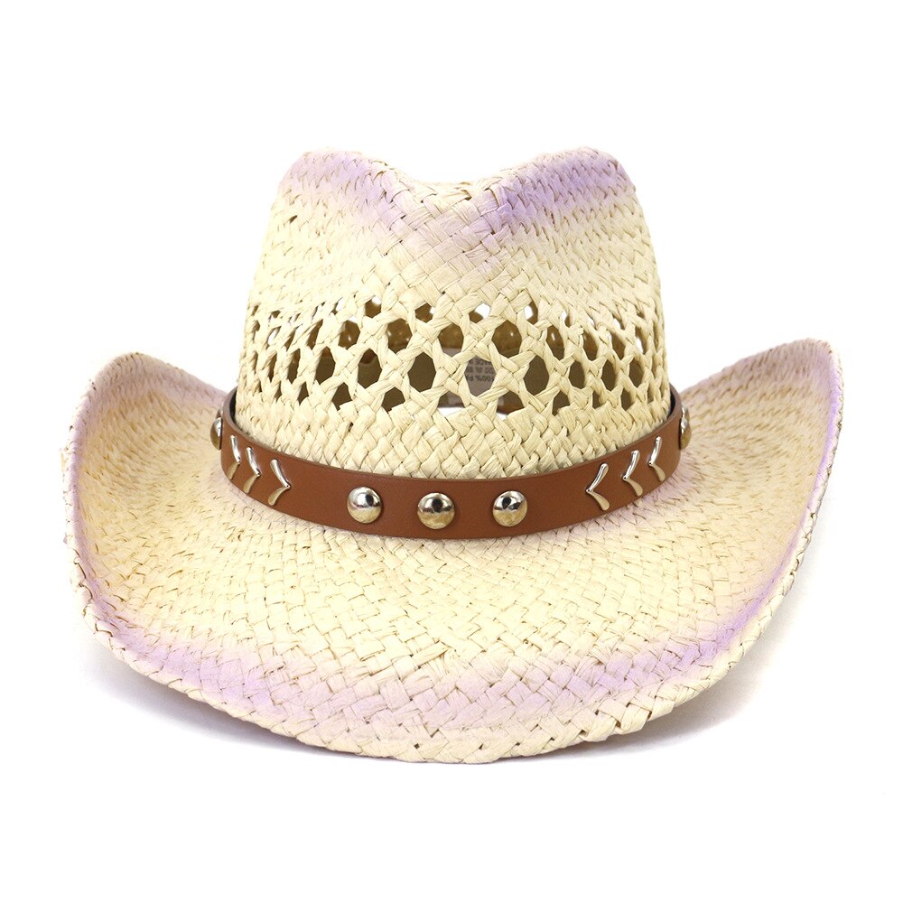 Hoaree cowboy chapéus estilo ocidental verão chapéu de palha artesanal tricô aba larga panamá rosa roxo preto cáqui chapéu de sol: ROXO
