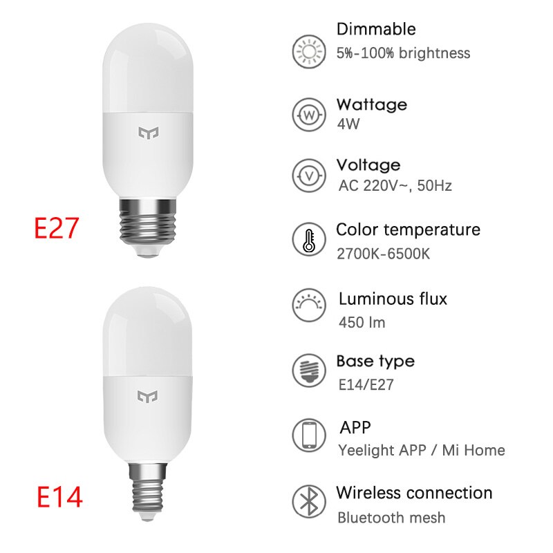 Yeelight-bombilla de temperatura de Color M2, malla Bluetooth E14 E27, malla Bluetooth, Control por aplicación para Apple Homekit Mihome App