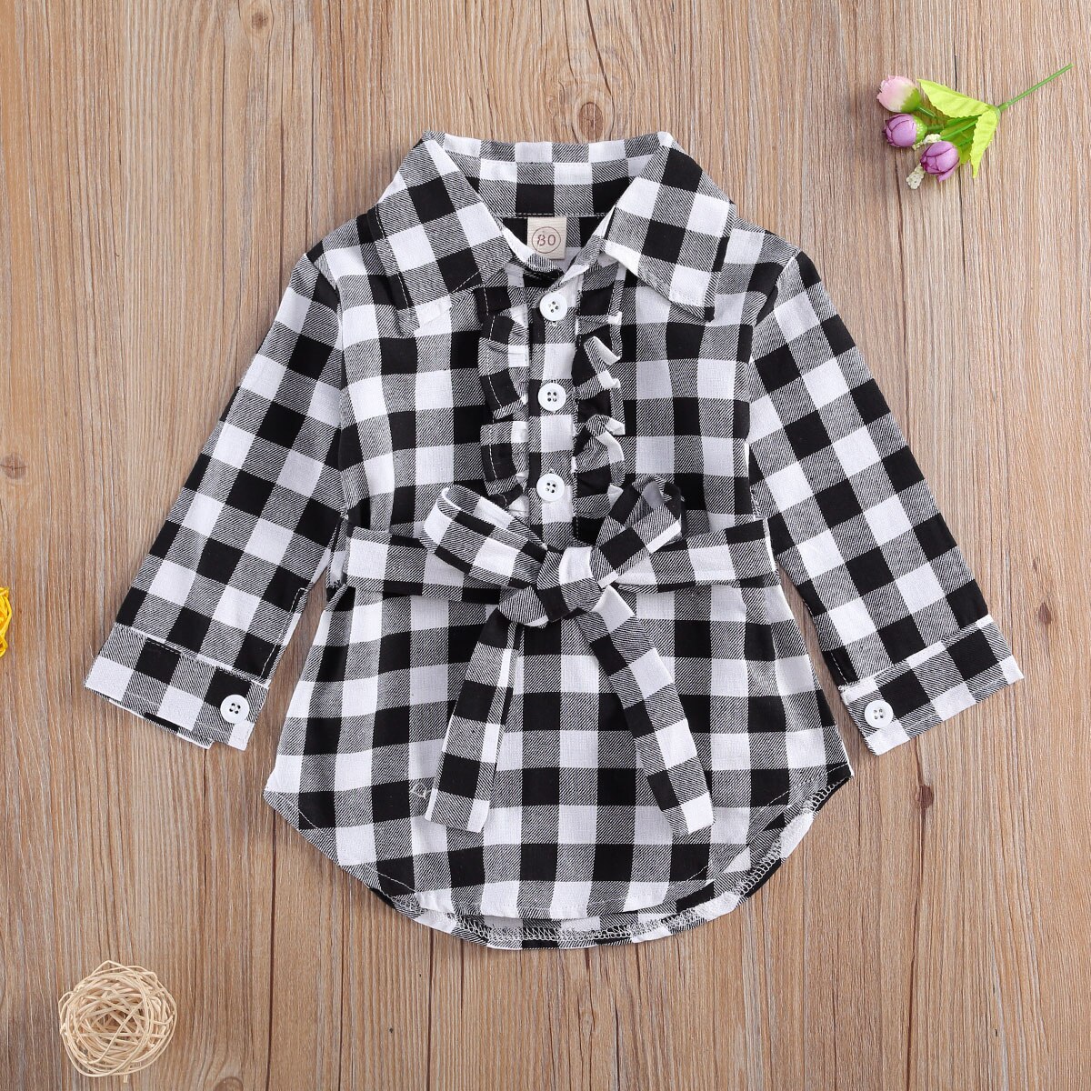 Forår efterår barn baby piger kjole plaid midi langærmet revers krave høj talje linning knapper prinsesse afslappet skjorte 0-5y: Sort / 4t