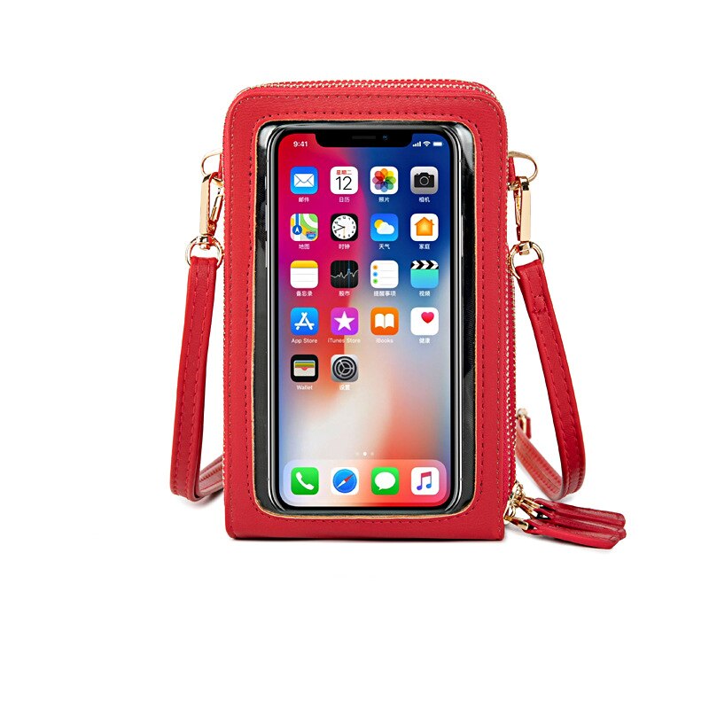 Transparent Touchable Cell Phone Pocket Women's Shoulder Bag Pu Leather Ladies Crossbody Bags Female Small Handbag Purse: Red