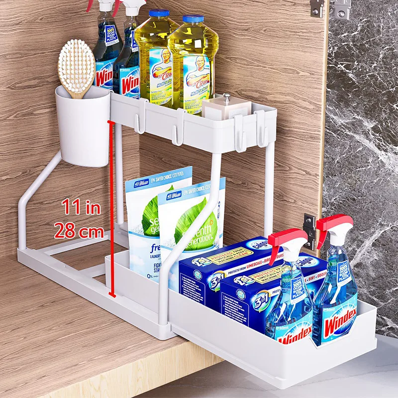 Under Sink Organizer Sliding Drawer 2 Layer Pull Out Multifunctional Shelf Kitchen Storage Organizer Bathroom Desktop Rack: WHITE