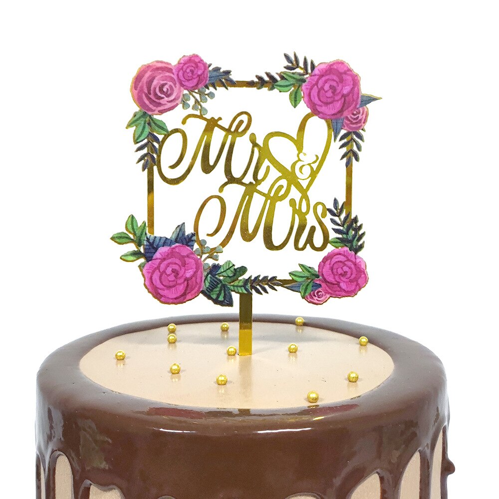 Gold Acrylic Flower Mr&amp;Mrs Wedding Cake Topper Annivesary Cake Decoration Party Favors Supplies Baking Accessories: SJHL0105