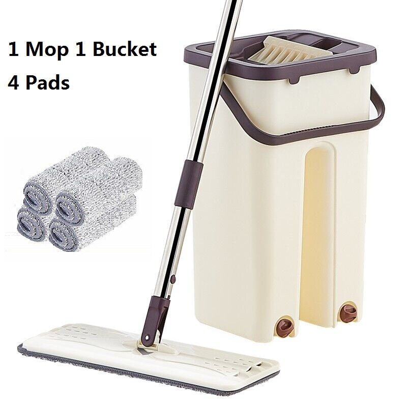 Selvrensende doven moppe flad klemme og spand håndfri vridning af gulv rengøring moppe våd eller tør brug automatisk centrifugering: 1 moppe 4 puder