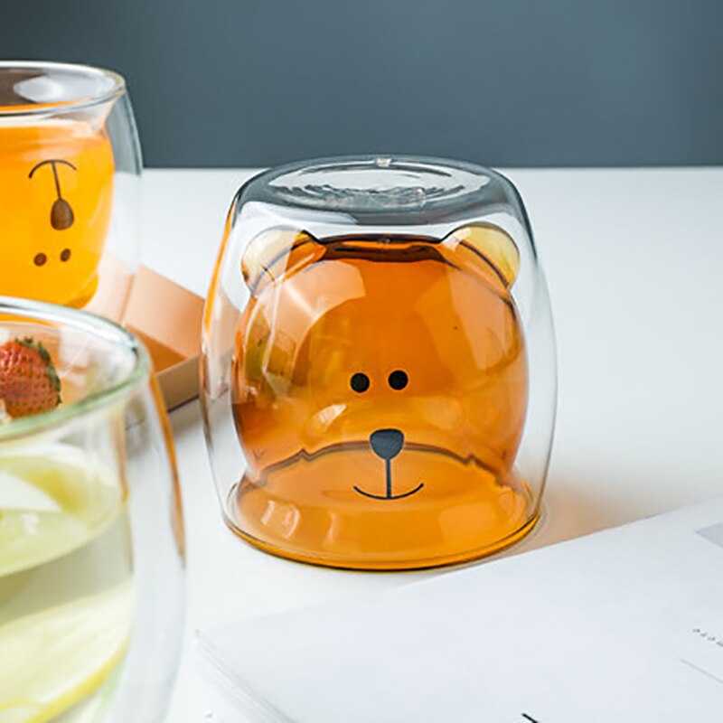 Glass Mugs Double Wall Glass Mug Bear Cat Dog Animal Double-layer Glass Tea Mug Coffee Cup Christmas Mug Cute Tea Milk Cup