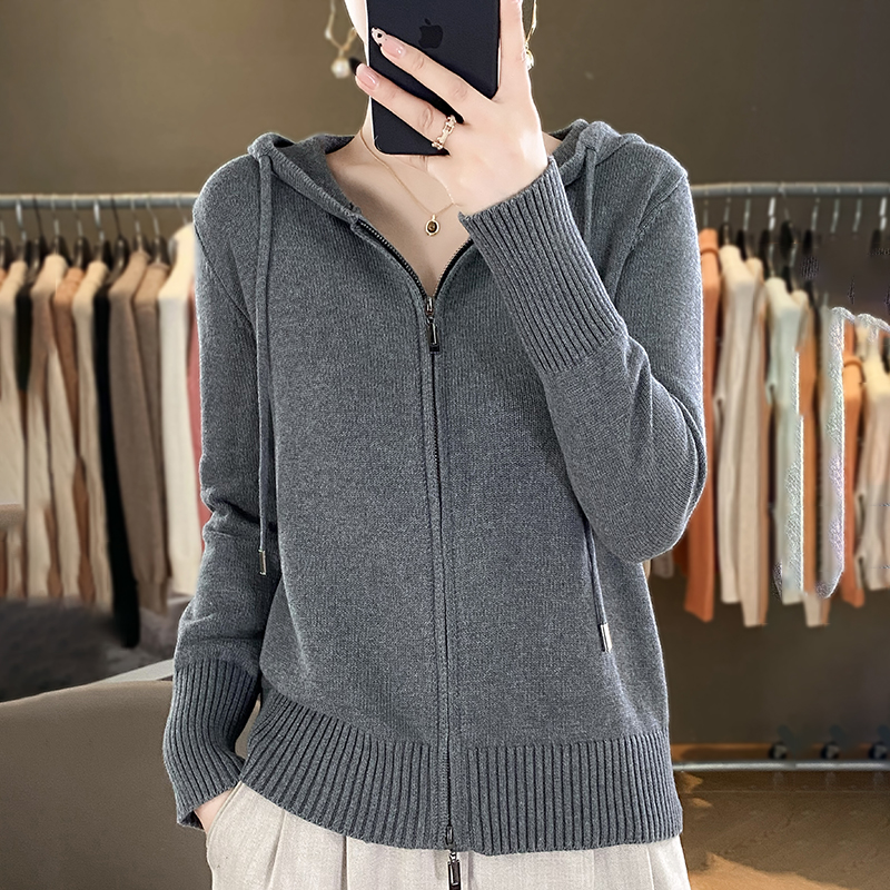 Klassische Hoodie Frauen Strickwaren 100% alle Baumwolle Cardigan Pullover lange Ärmel Doppel reiß verschluss Stil dicke warme Basics Tops: XXL / Dark Grau