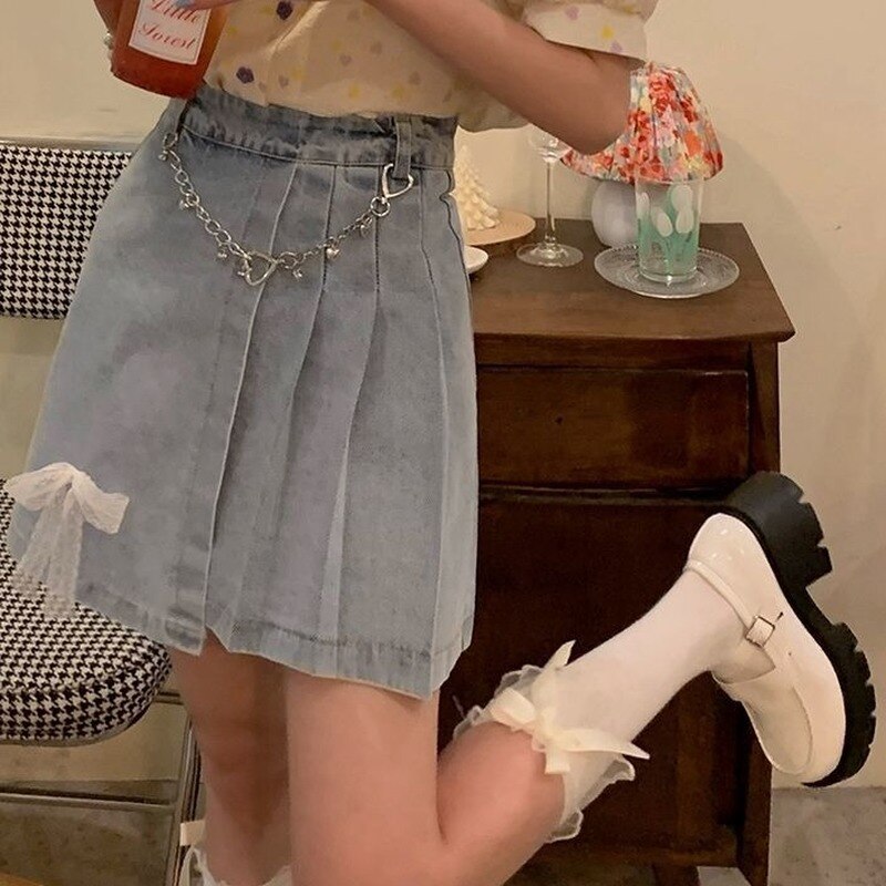 HOUZHOU-Falda vaquera Vintage para mujer, Falda plisada asimétrica de cintura alta con cadena de lazo Kawaii, ropa de calle informal de coreana para verano